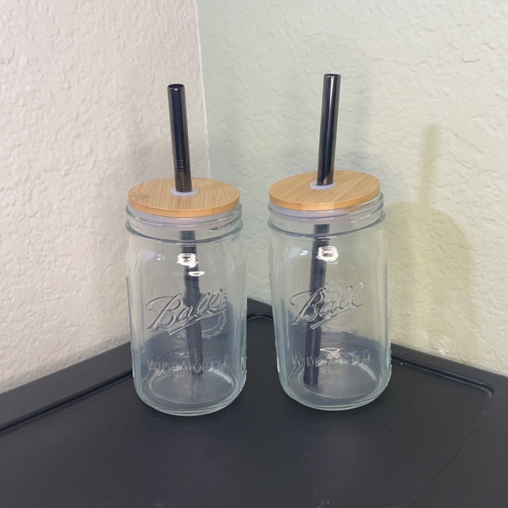 2 Wide Mouth Mason Jars W/ Straw, Bamboo Lid